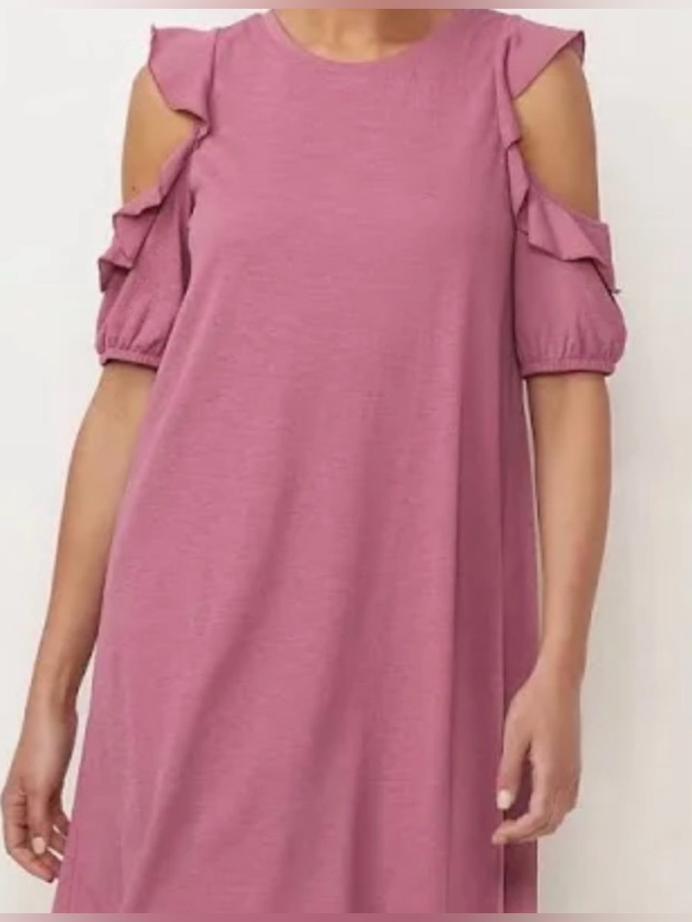 LC Lauren Conrad Mauve Crinkle Knit Cold-Shoulder Ruffle Shift Dress Size Large